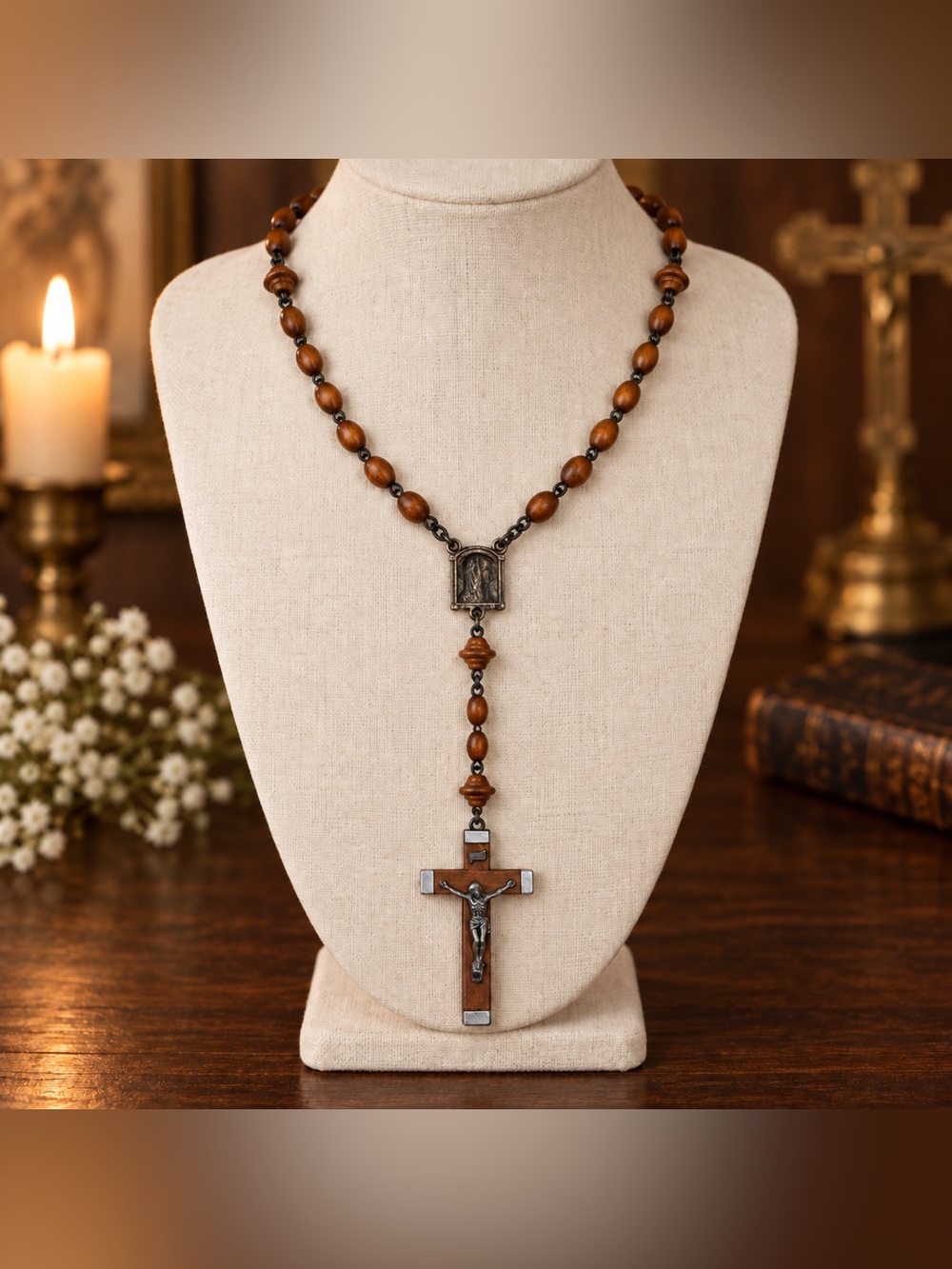 c1940’s Lourdes France Wood Bead Rosary Lrg Crucifix Catholic Convent Devotional
